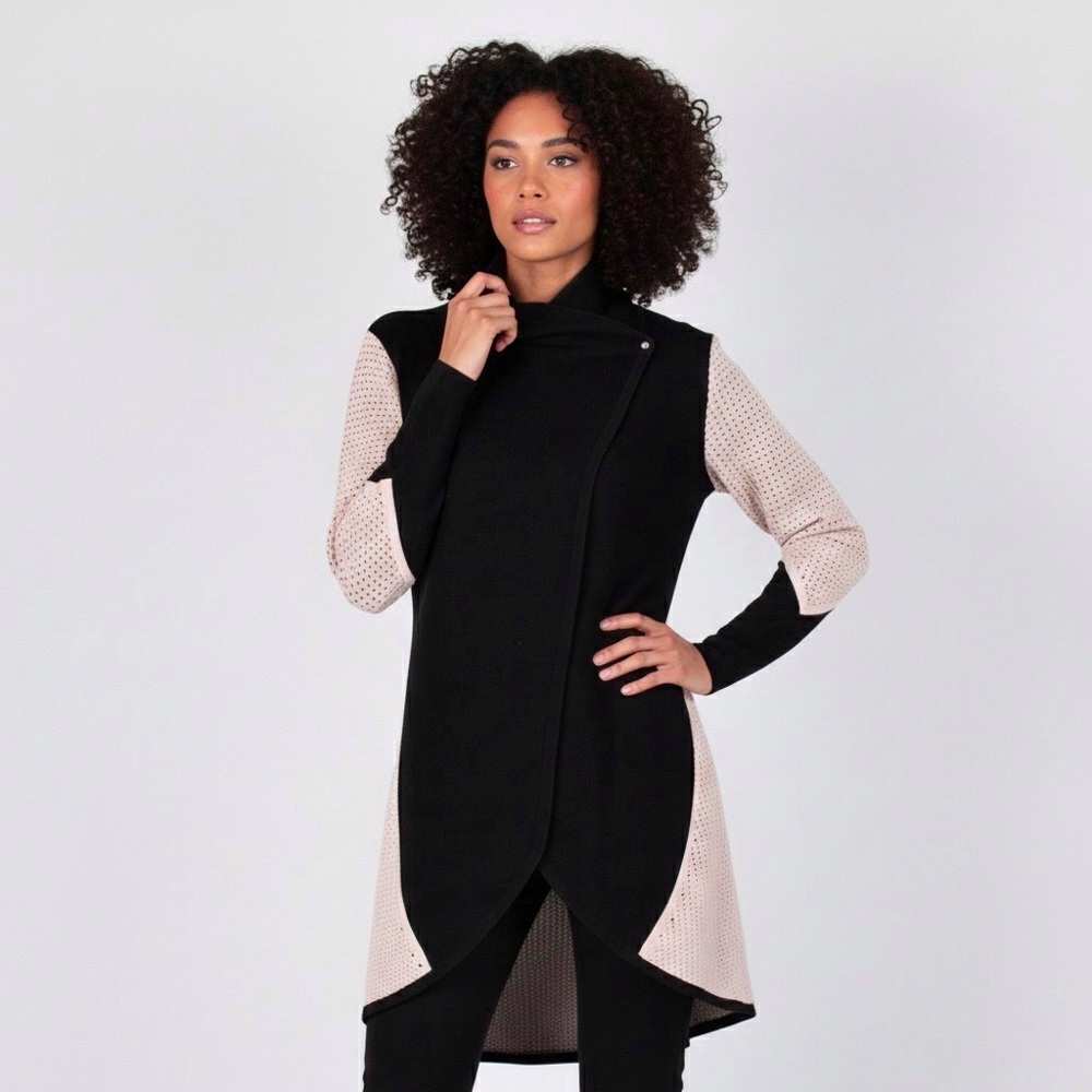 ST. JOHN Asymmetrical Colorblock Cardigan Sweater Mock Neck Mesh Sleeves Medium
